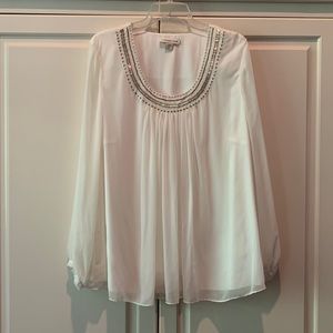 Cream shirt with beaded neckline and scrunched long sleeves